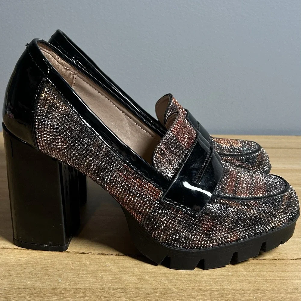 Betsey Johnson Multicolor Plaid Rhinestone Adelyn Chunky Platform Loafer Pumps
